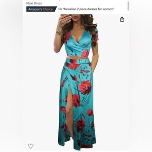 Aro Lora Amazon Sexy V Neck Floral Printed Side Slit Two-Piece Maxi Dress